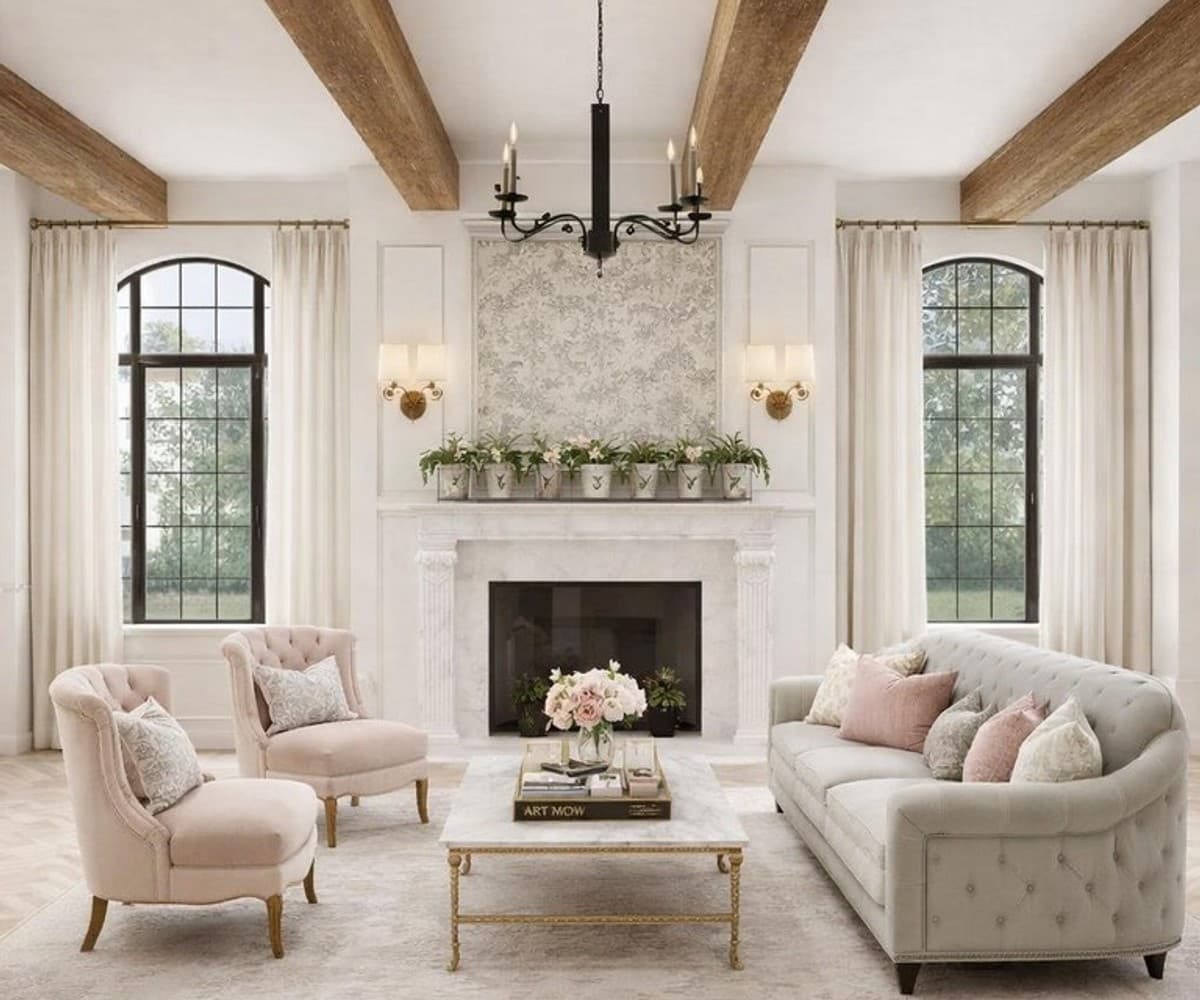 After: Living room with fireplace redesigned in Parisian chic style