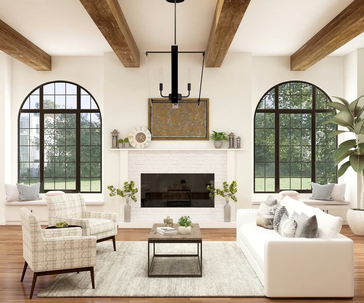 Before: Living room with fireplace redesigned in Parisian chic style