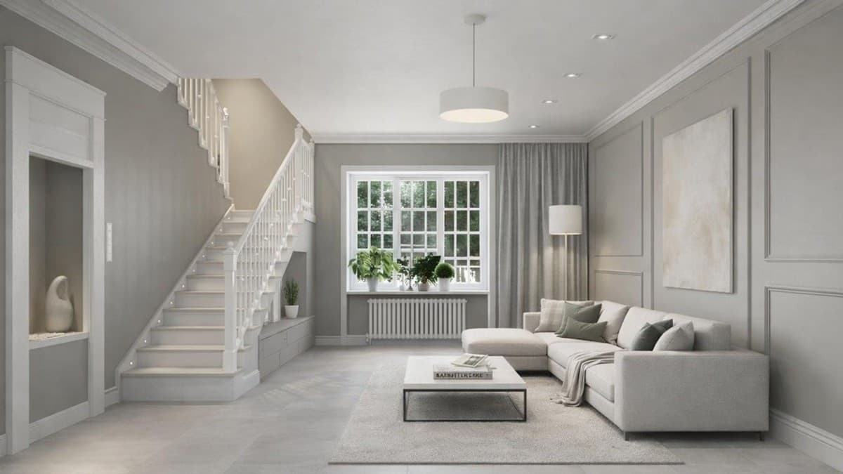 After: Living room with staircase redesigned in minimalist style