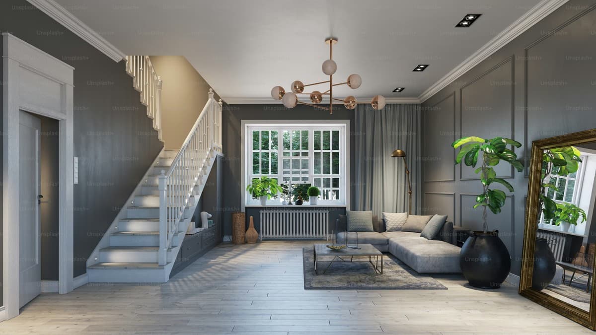 Before: Living room with staircase redesigned in minimalist style